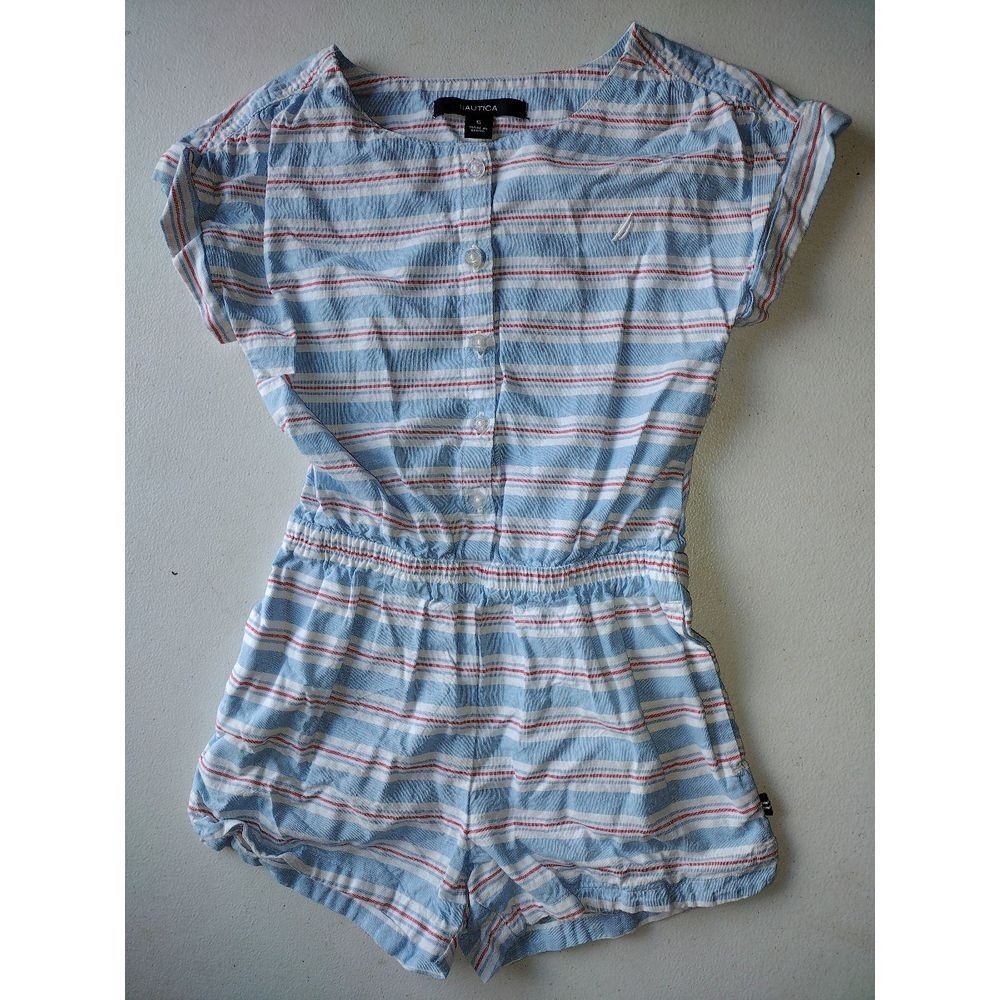 Nautica Girls Blue‎ Red White Striped Button Front Romper Size 5 Cotton Summer